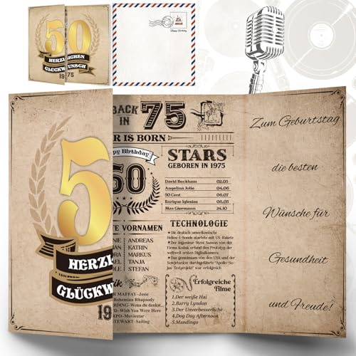 Thboxes Geburtstagskarte 50, Back in 1975 Karte Geburtstag 350gsm Geschenke zum 50 Geburtstag Grußkarte mit Umschlag Geburtstag Karte für 50 Geburtstag Mann 50 Geburtstag Frau
