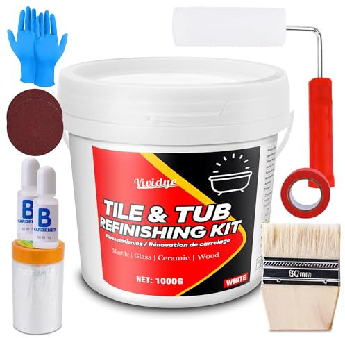 Pintura para bañera y azulejos, juego de renovación de azulejos de 1000g con juego de herramientas, juego de reparación de azulejos, color blanco para bañera, encimera, lavabo, suelo, pared y cocina