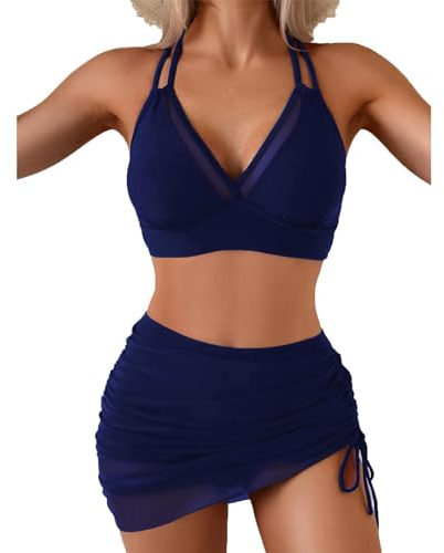 SYKT Bikiniset för kvinnor med hög midja, magkontroll, simkjol, tvådelad baddräkt, baddräkter set sexig med mesh-detaljer