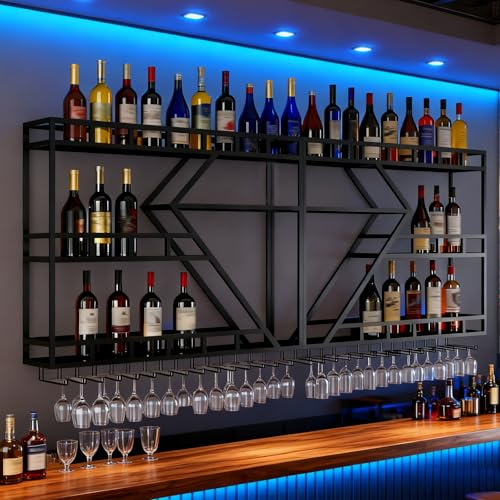 SPTZQURY Portabottiglie da Parete, 3 livelli multifunzione Espositore Portabottiglie per Vino con Guardrail, Porta bottiglie di vino da parete con supporto in vetro (nero, 3 Tier,200cm)