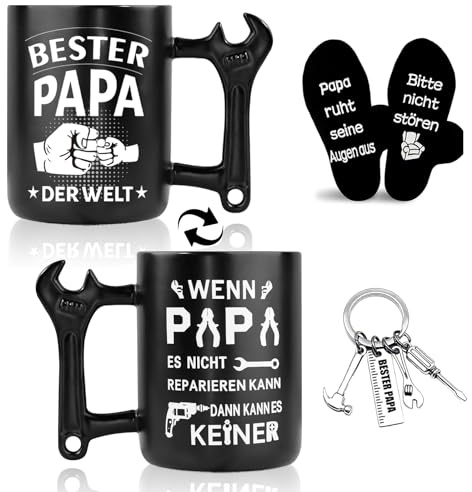 Papa Geschenke Kaffeebecher mit Schraubenschlüssel Griff,Weihnachten Geschenke für Papa Männer Geburtstag,Vatertag,Vatertagsgeschenk 400ml Tasse(Zweiseitiger Text),Schlüsselanhänger,Lustige Socken
