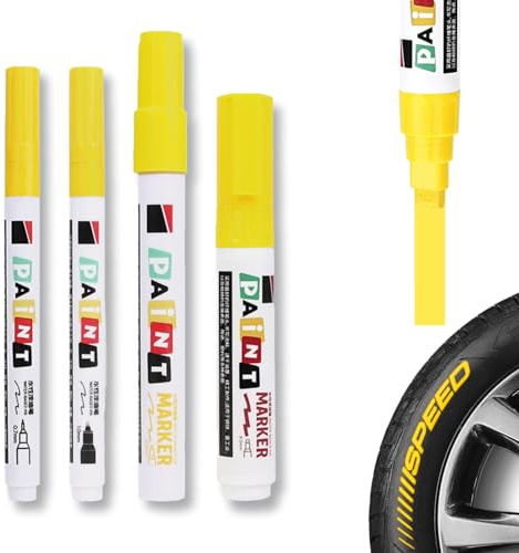 LEMONSTONE Lot de 4 stylos à pneus jaunes étanches - 0,7 mm, 1 mm, 3 mm, 8 mm - Jaune - Haute capacité - Stylo de retouche pour pneus - Pour métal, plastique, verre, bois, pierres