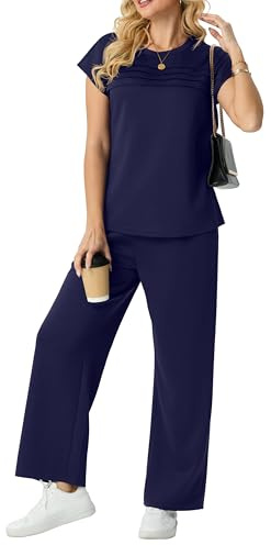 GRECERELLE Conjunto de dos piezas para mujer Verano Viaje Vacaciones Conjunto deportivo para mujer Juego completo Manga corta Informal Cuello redondo Manga de tapa frontal Plisado Conjuntos a juego