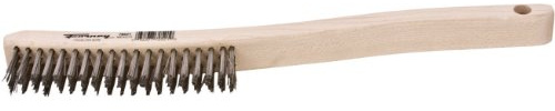 Forney 70521 Wire Scratch Brush, Stainless Steel with Curved Wood Handle, 13-3/4-Inch-by-.013-Inch