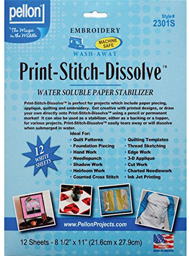 Pellon Print, Stitch, Dissolve Embroidery Paper Stabilizer, 8.5 x 11 inches 12/Pkg, White