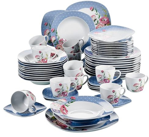 VEWEET 60-teiliges Tafelservice aus Porzellan, Serie 'Hannah', bestehend aus Speiseteller, Dessertteller, Suppenteller, Kaffeetassen und Untertassen, Geschirrset für 4-12 Personen