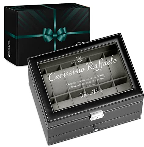 Maverton Cofanetto Porta Orologi e Gioielli con 12 scomparti e 1 cassetto | Custodia Orologi, Coperchio in vetro, Fodera in velluto, incisione personalizzata, regalo uomo, regalo di Natale, Vita