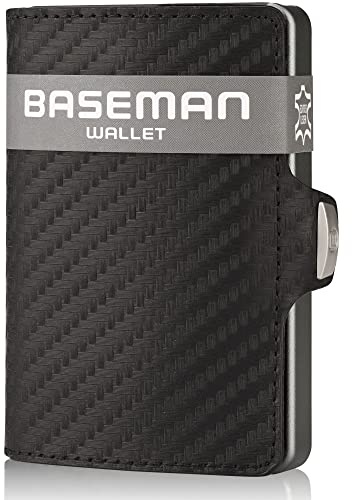 Baseman Slim Wallet mit Münzfach, Kreditkartenetui aus Aluminium & Echtleder, Kartenetui für 10 Kreditkarten, Geldbörse Herren klein, Portemonnaie, Mini Geldbeutel Leder, Schwarz, Elegant