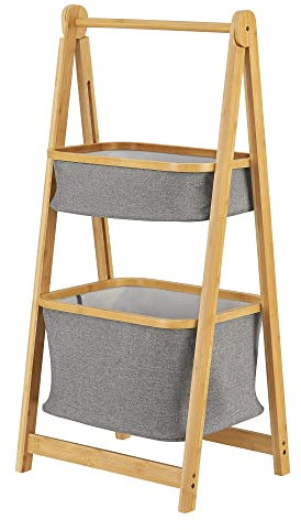 [en.casa] Bambus Leiterregal Värnamo 97x45x36 cm Natur/Grau Holzregal Badezimmerregal mit 2 Körben Badregal Bambusregal zusammenklappbar