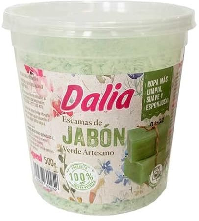 Dalia Jabón verde artesano en escamas para el lavado de tejidos manual y lavadora. Pack 500 gramos