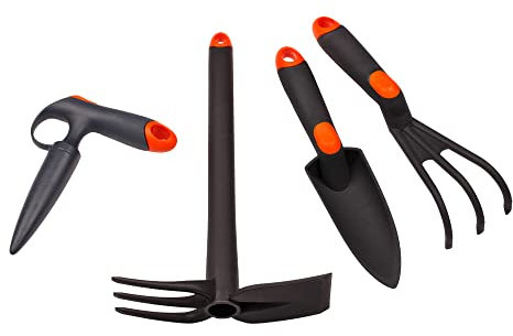 MIVOS 4-teiliges Gartenwerkzeug-Set für Pflanzen und Gartenarbeit – Pflanzstock – Blumenkelle - Doppel-Hacke – Mini-Rechen - Gartenpflege Set aus Glasfaserverstärkter Kunststoff