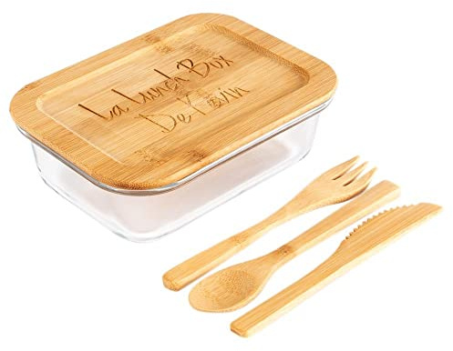 Boite à gouter en bois et verre avec couvercle personnalisé – Lunch box avec gravure texte et couverts en bois – Lunch box avec couverts personnalisable