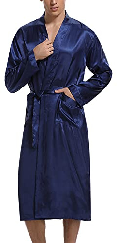 Irdcomps Bata Hombre Verano Kimono de Satén Bata Baño Larga para Casa Pijama Seda Pijamas para Hombre C-Azul,XL