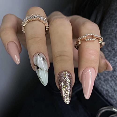 JUSTOTRY 24 Stück Marmor Stiletto Nägel Zum Aufkleben Kurz,Nude French Künstliche Nägel,Glitzer Mandel Kunstnägel Press on Nails,Acryl Fingernägel Fake Nails Mittel für Frauen