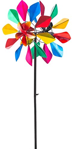 Kinetic Art Windspiel Metall Windrad kugelgelagert - Windmühle inkl. Bodenanker wetterfest standfest ideal für Terrasse und Garten (Multi-Colored Flower, Duett)