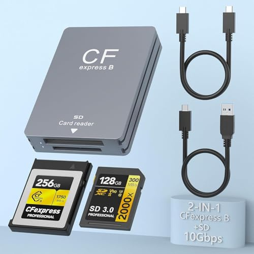 Multi CFexpress Typ B und SD Dual-Slot Kartenleser, USB 3.1 Gen 2 10Gbps CFexpress Leser, tragbarer CF Express Kartenleser inkl. USB C zu USB A/C Kabel, kompatibel mit Windows/Mac/Linux/Android