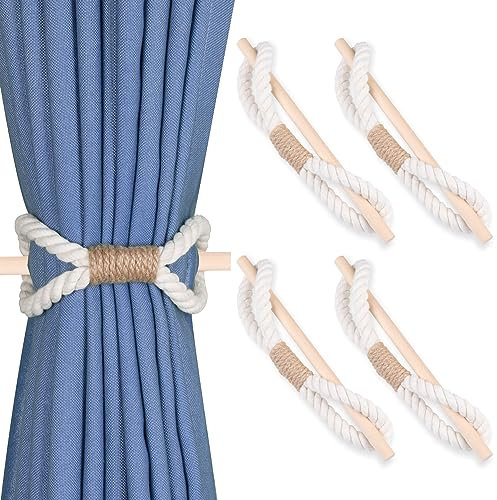 OCIOLI 4 alzapaños de cortina bohemios hechos a mano con cuerda de algodón de madera, alzapaños de cortina para cortinas (cuerda de algodón beige, 4)