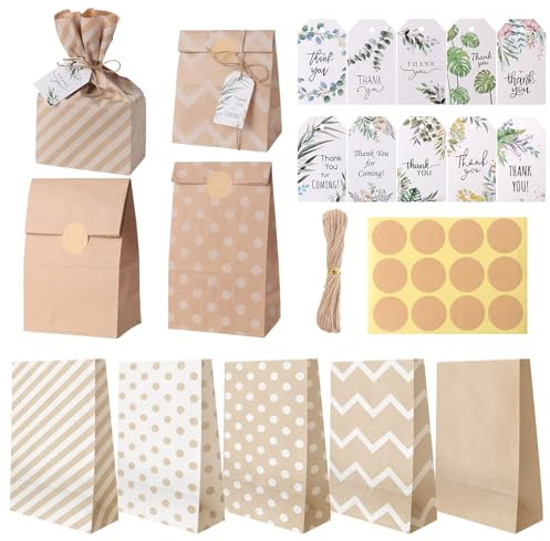 Coptiner Geschenktüten Retro Papiertüten mit 30 Aufkleber Kinder kleine Tasche Papier 30 Tags und Bindfaden Süßigkeiten Candy Goodie Tüten für Weihnachten Halloween Geburtstag