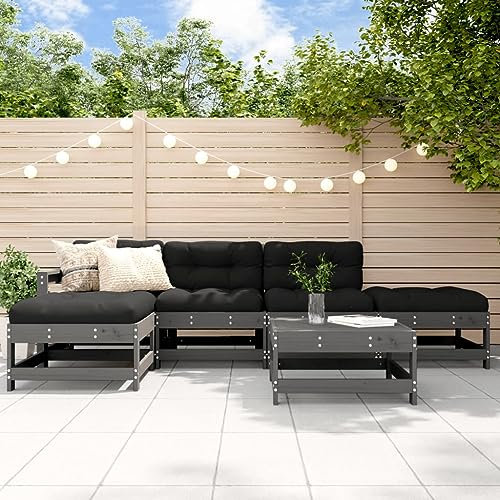 Rantry 6-TLG. Garten-Lounge-Set mit Kissen Grau Massivholz Gartensofa Gartenmöbel Set Loungesofa Möbel Holzsofa Loungegruppe Balkonmöbel Sitzgruppe Sofagarnitur Balkonmöbel