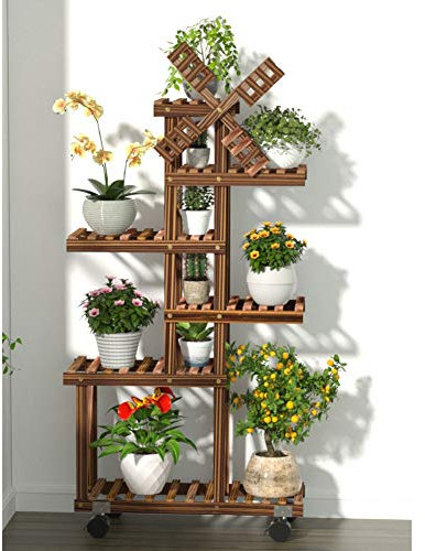 TEmkin Portafiori per Piante con Ruote Scaletta in Legno Scaffale per Vasi per Piante da Interno ed Esterno per Cortile Giardino Patio Balcone, Stile 2 (Stile 1)