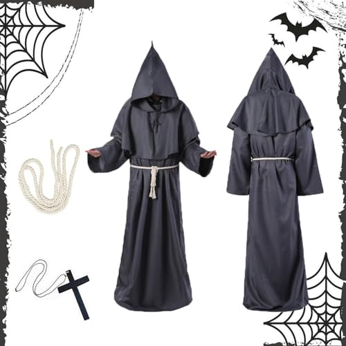IUKUNNE Costume Monaco Sacerdote,Cappuccio Abito da Sacerdote,Costume Monaco Medievale,con Collana a Croce e Corda in Vita,Costume da Prete per Adulto,per Halloween Feste Cosplay,Carnevale (XL)