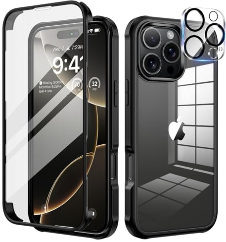 seacosmo for iPhone 16 Pro Max Case with Tempered Glass Protector, Black | Full Body Shockproof Protection Armour Cover, Camera Lens Protector, Slim Fit Bumper Dual Layer Protective Rugged Phone Case