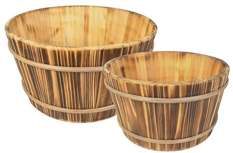 Set 2 Mastelli in Legno di Abete Brunito Marrone, Fioriere e Portaoggetti Decorativi di Diverse Dimensioni, Contenitori Rustici per Casa e Giardino