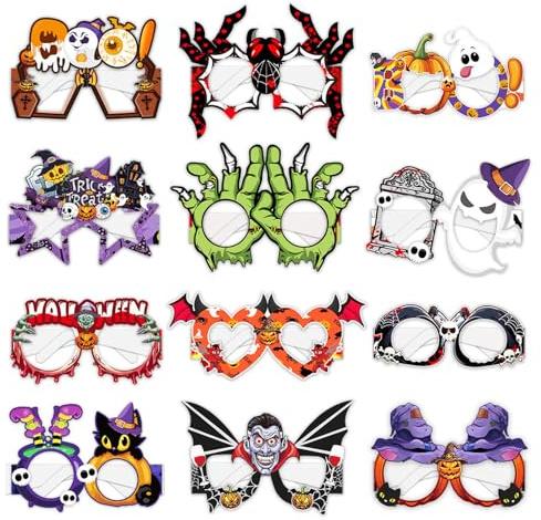 XQMMGO 12 Stück Halloween Papierbrillen, Halloween-Brillen, Partybrillen Set Halloween Accessoires, Karneval Halloween Party Deko Foto Requisiten (A-Stil)