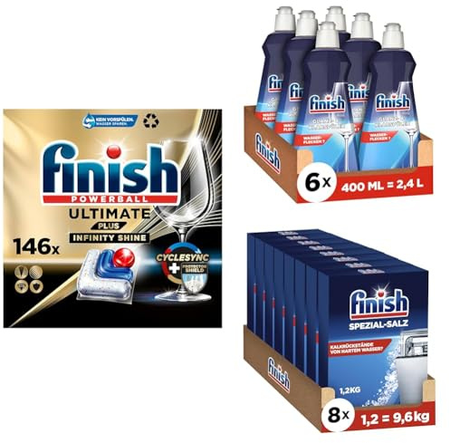 Finish Ultimate Plus Infinity Shine Spülmaschinentabs für intensive Reinigung 2 x 73 Caps + Klarspüler für trockenes Geschirr 6 x 400 ml + Spezial-Salz zum Schutz vor Kalkablagerungen 8 x 1,2 kg