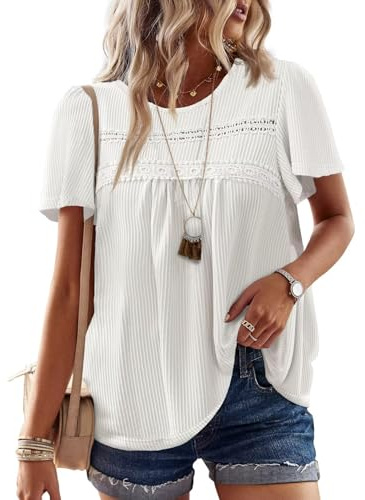 Falechay Boho Tops for Women Plus Size Peasant Tops Keyhole Button with Elastic Loop Dressy Casual Crewneck Flowy Blouses Striped Western Summer Shirts White XXL