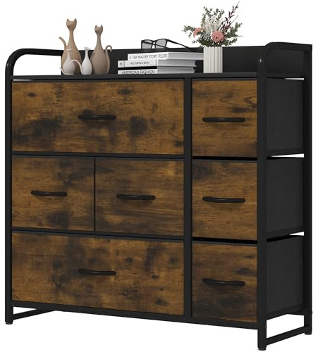 YITAHOME Kommode,Kommode mit 7 Schubladen,Schrank,Stoffschubladen mit Griffen,Metallgestell,Dauerhaft,Rustikal Braun