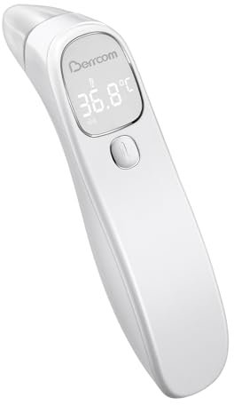 Berrcom Termometro Fronte e Orecchio Termometro Febbre Infrarossi Senza Contatto Termometro Neonato Digitale con Lettura Istantanea, Allarme Febbre, Interruttore °C/°F