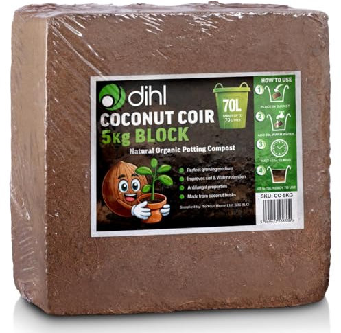 Dihl 5KG Organic Coconut Coco Coir Fibre Compost Block Bricks, Expands to 70 Litres, 100% Natural Compressed Peat-Free Garden Growing Medium, Seedling Potting Bedding Soil, pH Balanced