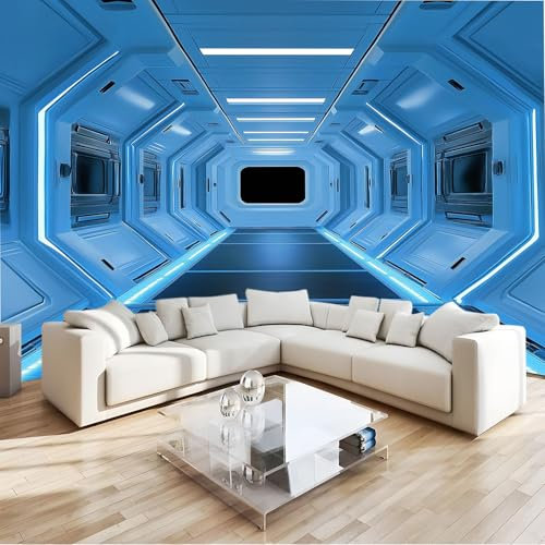 Blau Fototapete Weltraum-Science-Fiction-Korridor 400x280 cm, Vlies Fototapete Wandtapete Bildtapete Wand Dekoration Moderne Wandtapete Wohnzimmer Schlafzimmer