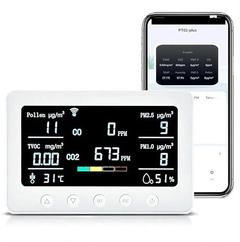 Gas Leak Detector, WiFi Air Quality Monitor 8-in-1 Temperature and Humidity Meter with Alarm Smart Tuya NDIR Sensor,Air Quality Testing