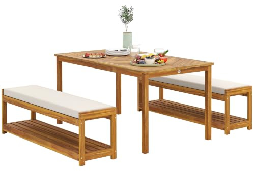Outsunny 3 TLG. Gartenmöbel-Set Akazienholz Sitzgarnitur Esstisch Teak | Mit Schirmloch, 2 Bänke, Balkonmöbel-Set, Gartengarnitur für Balkon, Terrasse
