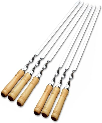 6 spiedini lunghi in acciaio inox con manico in legno (60 cm di lunghezza, 6 pezzi con manico in legno)