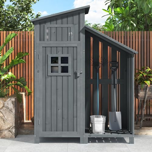 LARFOEK Gartenschrank Holz, Outdoor Geräteschuppen, Gartenhaus Wetterfest, Geräteschrank mit 2 Regal Böden, Geeignet für Balkon, Terrasse, Gärten, 124 × 46 × 174 cm, Grau