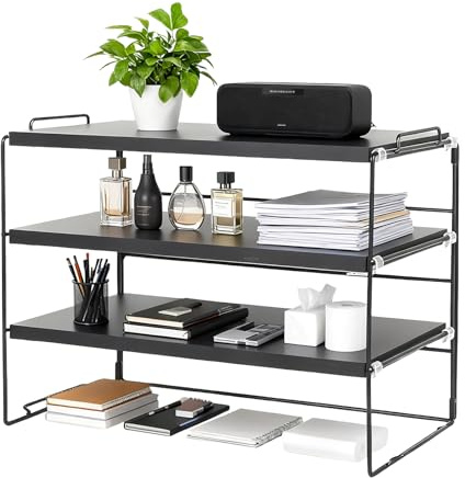 powerking Skrivbordshylla, 3 nivåer, skrivbordshyllor med träskiva, justerbar visningsbokhylla, mångsidig bokhylla förvaringsställ för bord, hemmakontor, skola studierum, svart