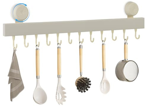 Sampoes Porta Utensili da Cucina 60 cm, Portautensili Cucina con Ventosa e 12 Ganci, Supporto Utensili per Bagno, Soggiorno, Capacità 20 kg, Beige
