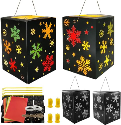 4 Stück Laternen Bastelset Kinder,Sankt Martin Laterne Basteln,Schneeflocken Laternen Selbst Basteln mit LED,Schneeflocken Kreativset mit 10 Blatt Bunt Transparentpapie für Sankt Martin Laternenumzug
