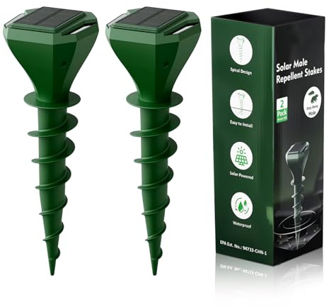 Repelente solar de topos (2 unidades, IP65, resistente al agua y 3 modos de vibración+carga USB, estaca en espiral contra topos, serpientes, ratones de campo en el jardín)