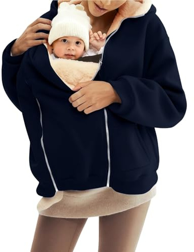 Generisch Veste à capuche pour femme - Doublée - Veste de grossesse avec empiècement bébé - Manches longues - Fermeture éclair - Veste d'hiver - Veste de grossesse - Décontractée - Couleur unie