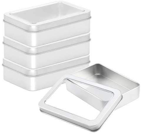 Varenzya 4 stycken små metallburkar med lock, 11 × 7 × 2,5 cm silver liten metallburk med genomskinligt fönster, bärbar plåtburk med lock, metalllåda för mynt, godis, små föremål