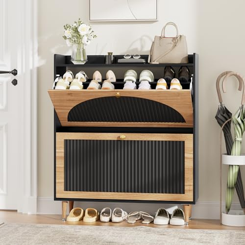 AeasyG Schmal Schuhschrank 2 Klapptüren, 23.9 * 79.8 * 95cm,12–16 Paar,Kippsicherung,Verstellbar,Freistehender Versteckter für Flur,Vorraum,Holz-Schwarz