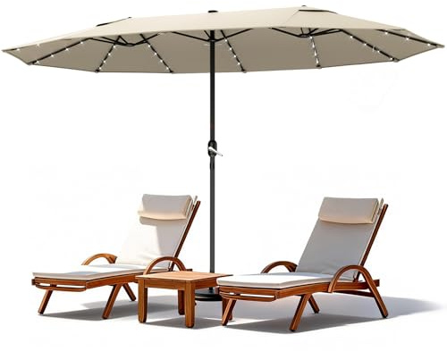 WoRaum Parasol Double Rectangulaire XXL 2,7x4,6m – Grand Parasol de Jardin Extérieur avec 12 Baleines et Manivelle, Tissu Polyester 180g – Sans Pivot et Sans Pied (Kaki, Avec Éclairage)