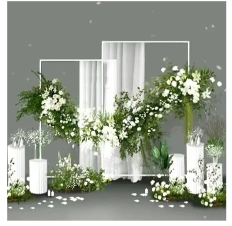 4 Stück Hochzeits-Requisiten, Eisen-Bildschirmständer, rechteckiger Rahmen, Blumenbogen, Willkommensbanner-Ständer, Straßenführer, Bühnenhintergrund-Dekoration(White 4pcs)