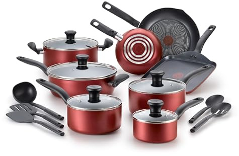 Tefal 2100100487 T-FAL Initiatives, Dishwasher Safe Nonstick Cookware Set, 18 Piece, Red Inside and Out, Aluminum