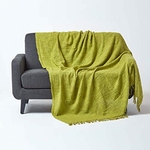 Homescapes Wohndecke Nirvana Slub limettengrün – handgewebte Baumwolldecke 150x200 cm, Tagesdecke aus 100% Baumwolle mit Struktur & Fransen, Sofaüberwurf im natürlichen Look, Oeko-TEX