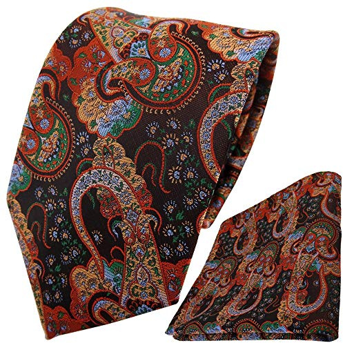 TigerTie Designer Krawatte Einstecktuch in orange braun grün blau Paisley gemustert
